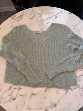 Light Mint/Sage V-Neck Shimmer Knit Sweater